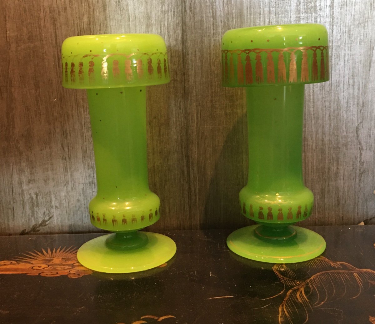 Pair Of Vases In Green Opaline And Nineteenth Gold Decor