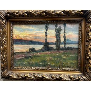 Humbert Vignot Leonie Oil On Panel “sunset Over The Saône”