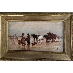 “the Cockle Pickers And Their Cart On The Beach” Oil On Panel Signed H.gomez 
