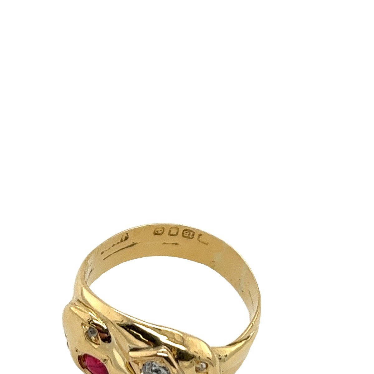 Bague vintage en or jaune 18 carats avec diamants et rubis sertie d'une double tête de serpent-photo-2