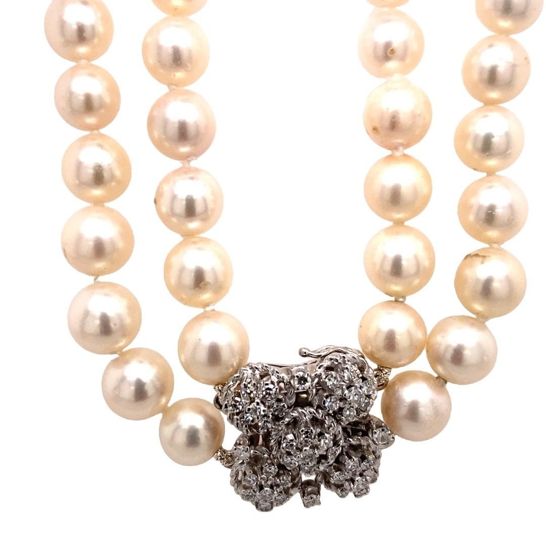 Vintage 2 Row Cultured Pearl Necklace Set With Diamond Clasp In 18k Gold-photo-1