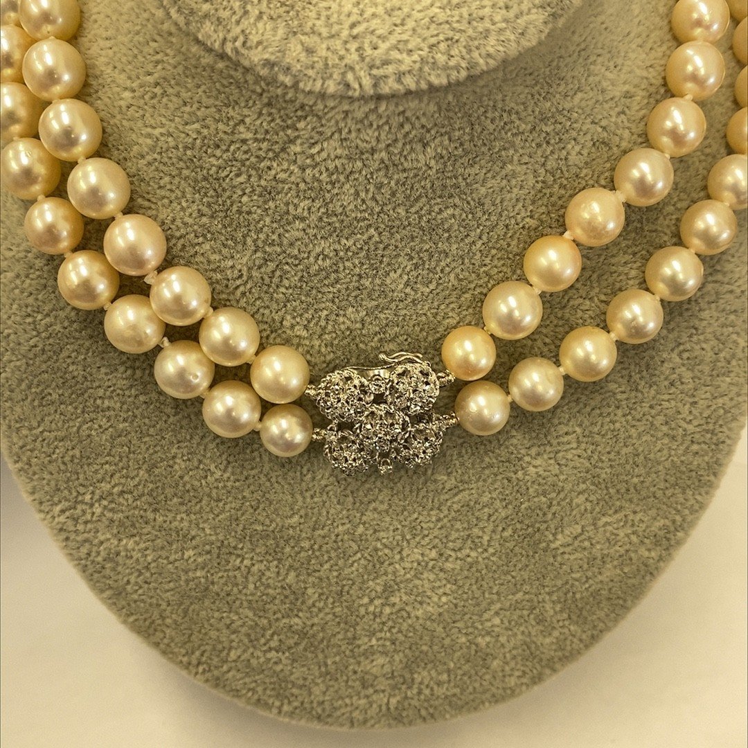 Vintage 2 Row Cultured Pearl Necklace Set With Diamond Clasp In 18k Gold