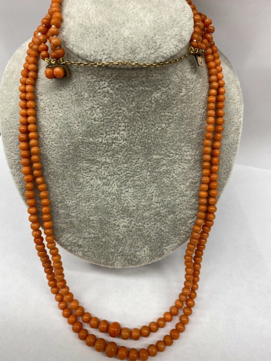 Vintage 2 Row Coral Necklace 4.7mm-6.9mm On 9ct Gold Clasp + Matching Bracelet-photo-2
