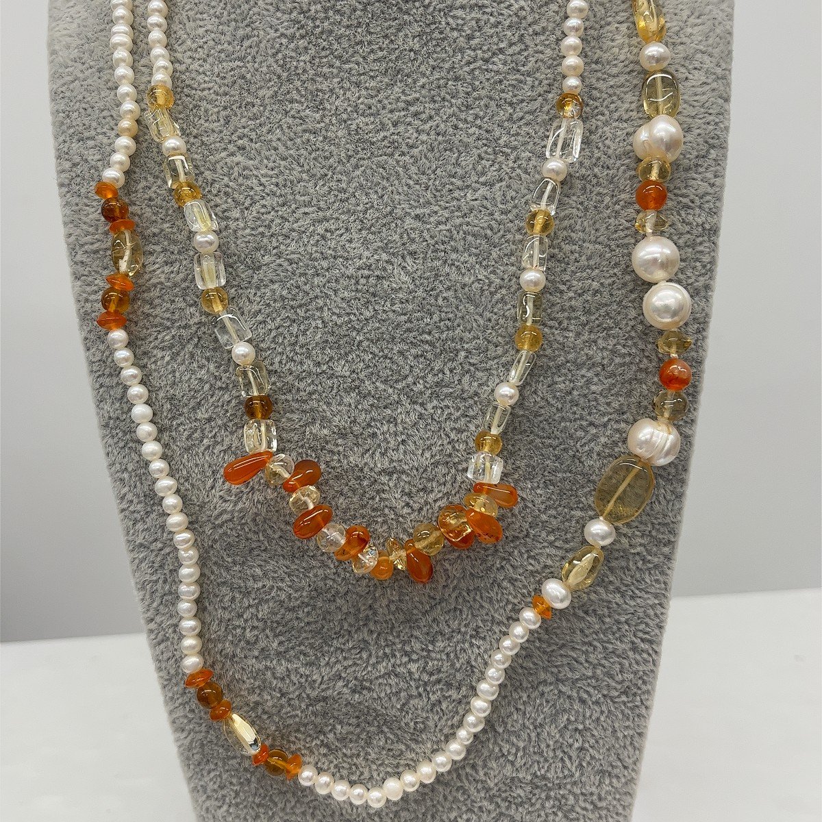 Vintage Pearl Necklace With Amber And Polished Crystal