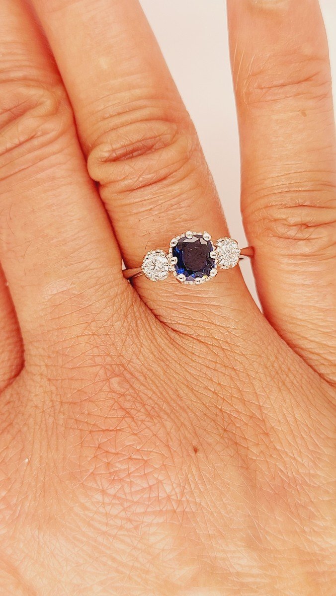 Bague Turban En Or Blanc 18 Carats, Saphir Rond Et Diamant Baguette, Diamants De 1,0 Ct-photo-2