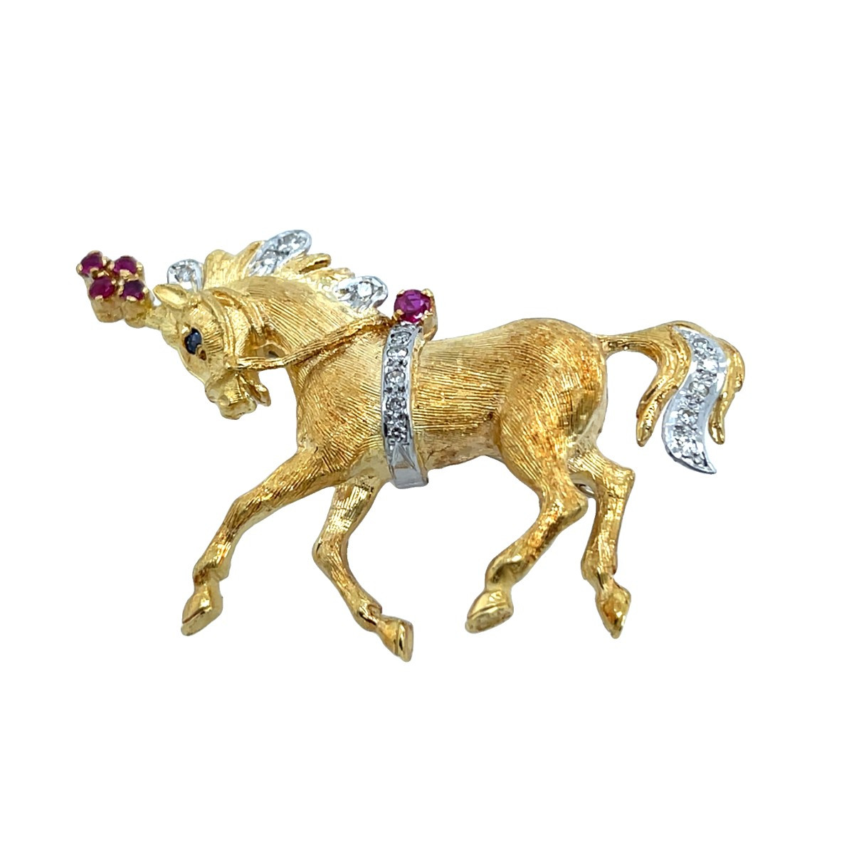 Broche Cheval Ben Rosenfeld 1969 – Or Jaune 18 Carats, Diamants Et Rubis