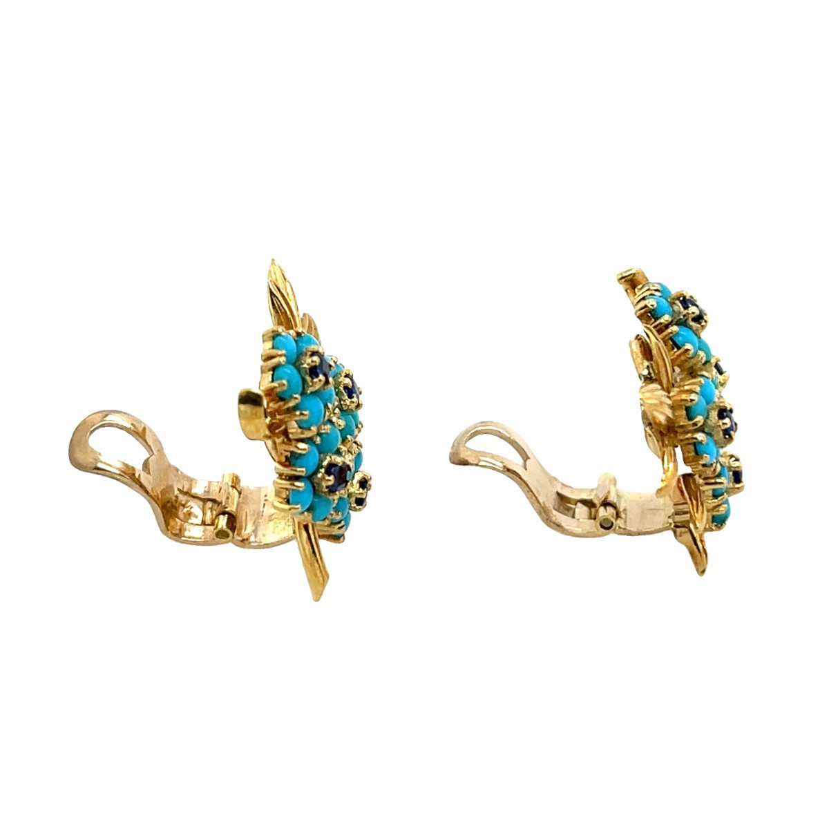 Boucles d'Oreilles Vintage En Or Jaune 18 Carats Avec Turquoise Et Saphir-photo-2