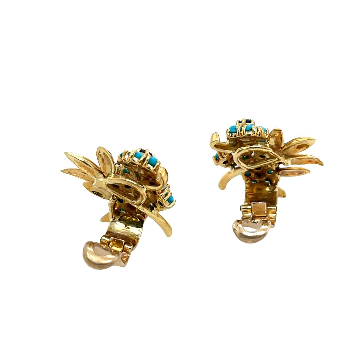 Boucles d'Oreilles Vintage En Or Jaune 18 Carats Avec Turquoise Et Saphir-photo-1