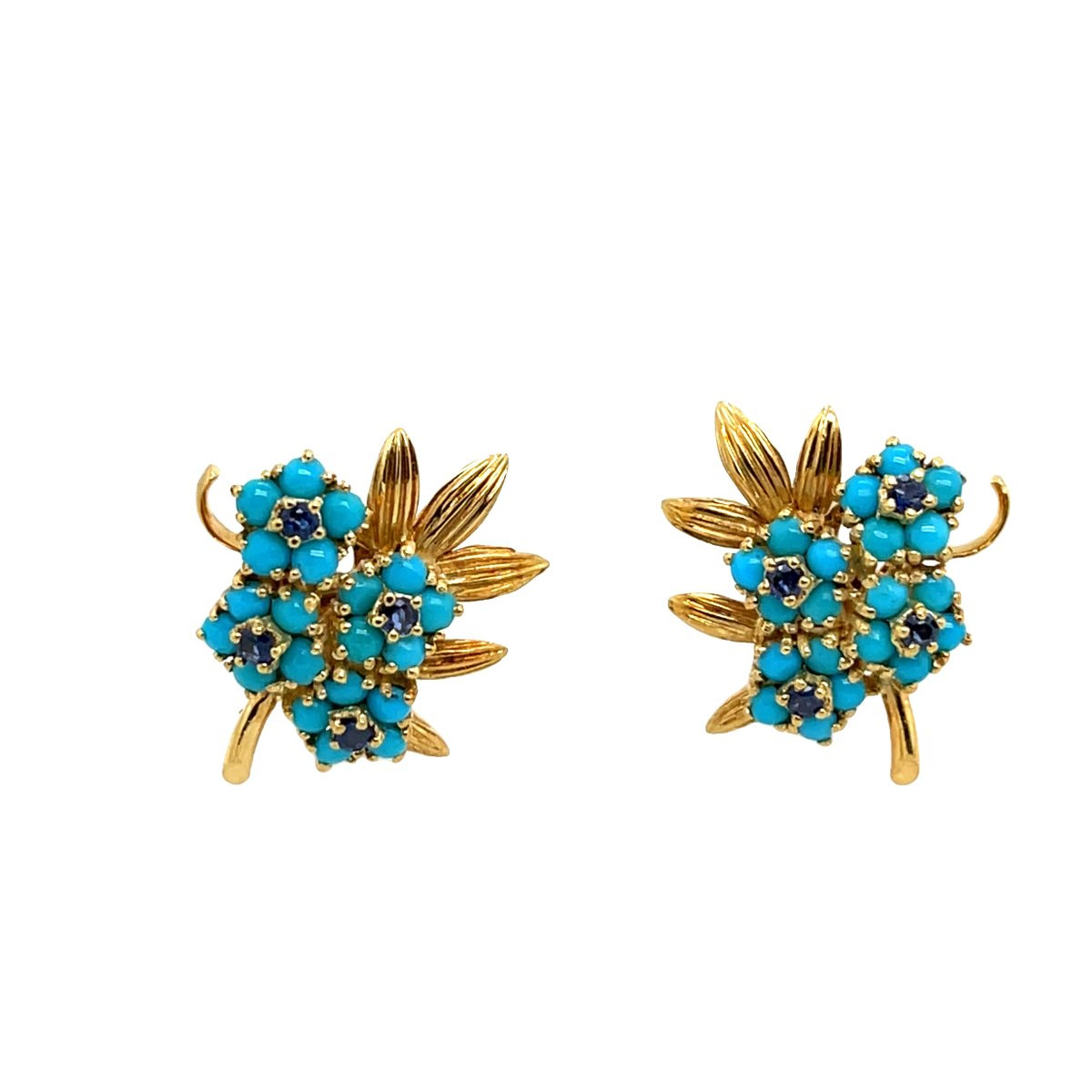 Boucles d'Oreilles Vintage En Or Jaune 18 Carats Avec Turquoise Et Saphir-photo-2
