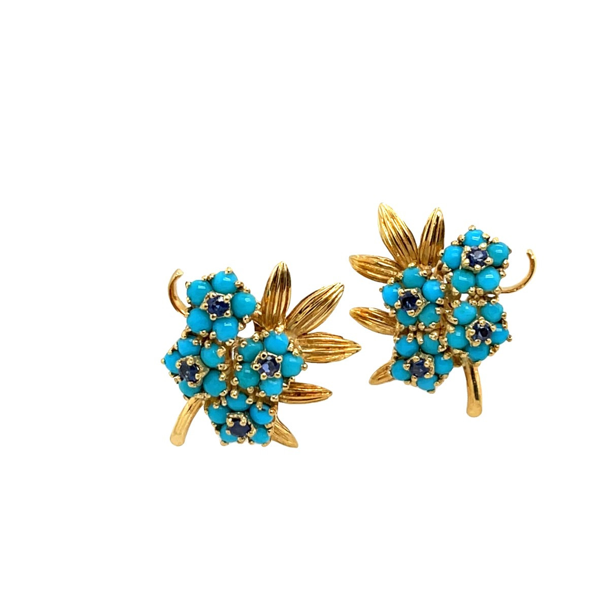 Boucles d'Oreilles Vintage En Or Jaune 18 Carats Avec Turquoise Et Saphir