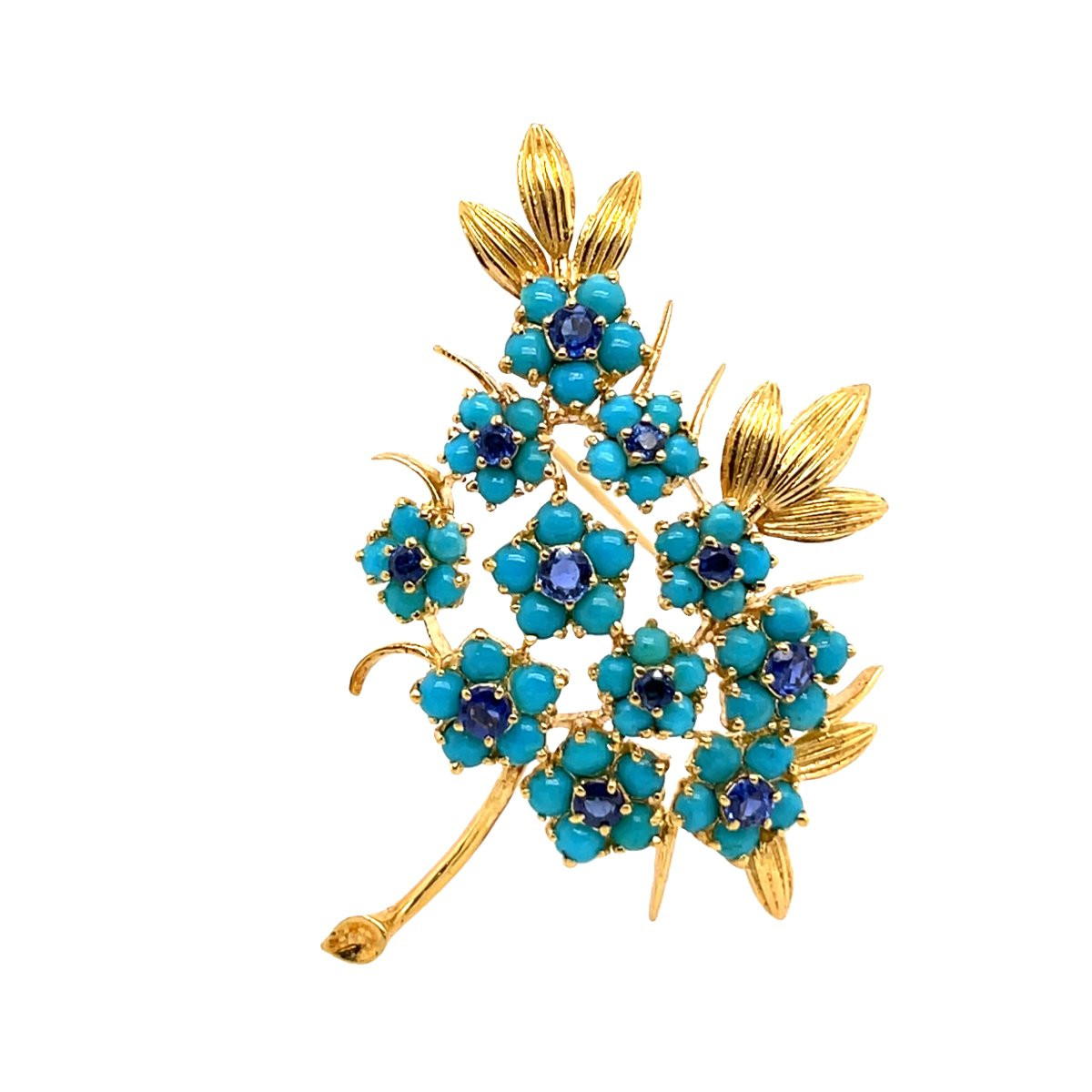 Broche Vintage Saphir Et Turquoise, Sertie Sur Or Jaune 18 Carats-photo-1