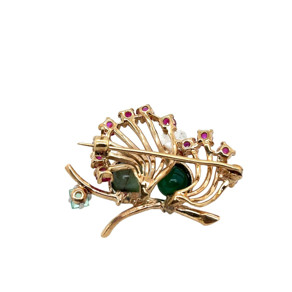 Broche Vintage Love Bird En Rubis, émeraude, Béryl Et Jade, Sertie Sur Or Jaune 9 Carats-photo-3