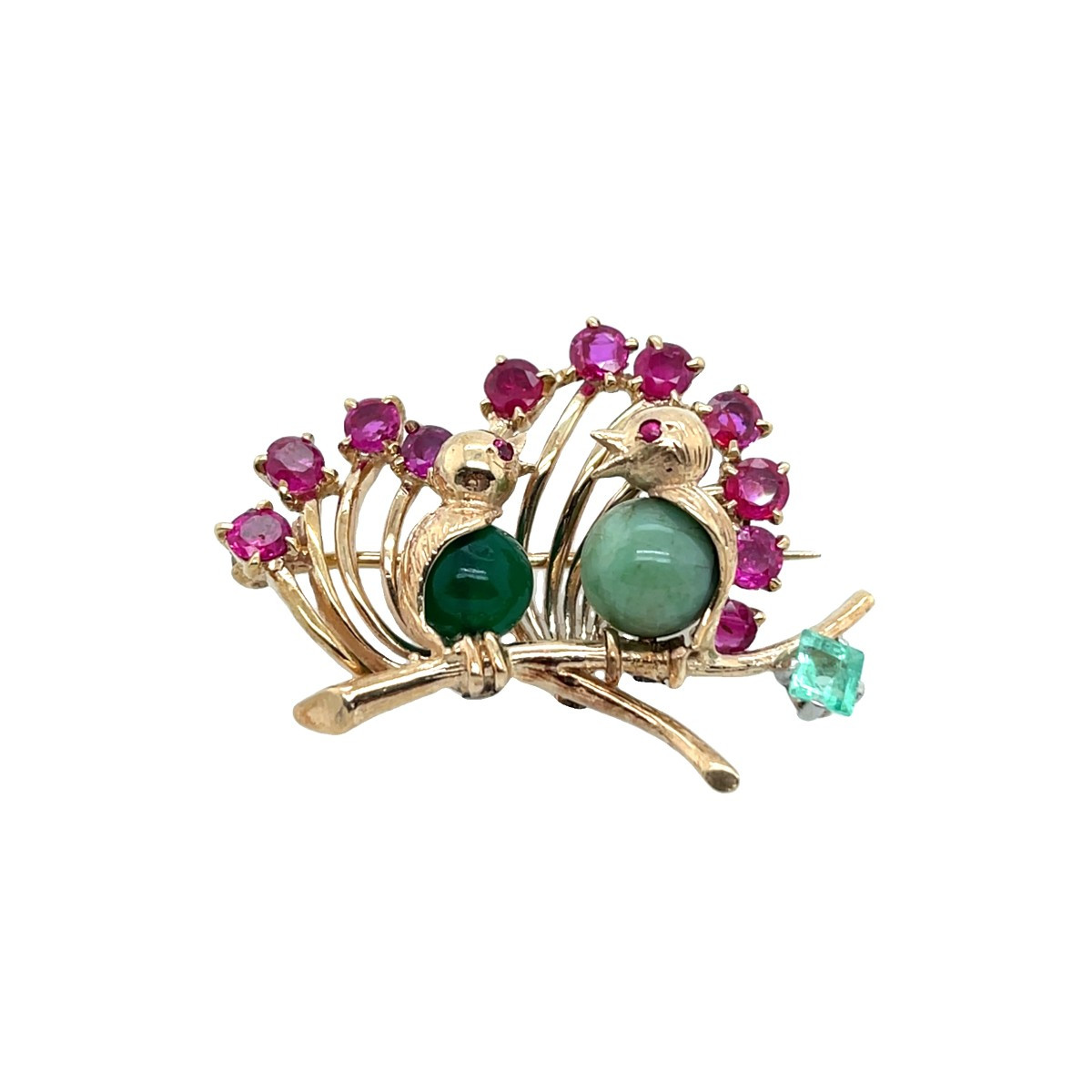 Broche Vintage Love Bird En Rubis, émeraude, Béryl Et Jade, Sertie Sur Or Jaune 9 Carats