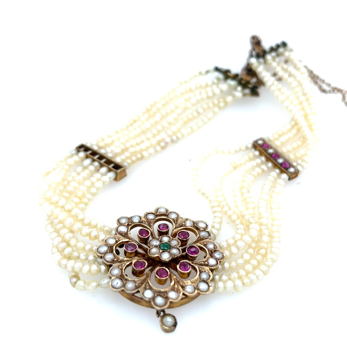 Collier vintage de perles de semences 6 rangs de 2,2 mm avec pendentif en émeraude et rubis 9c -photo-2