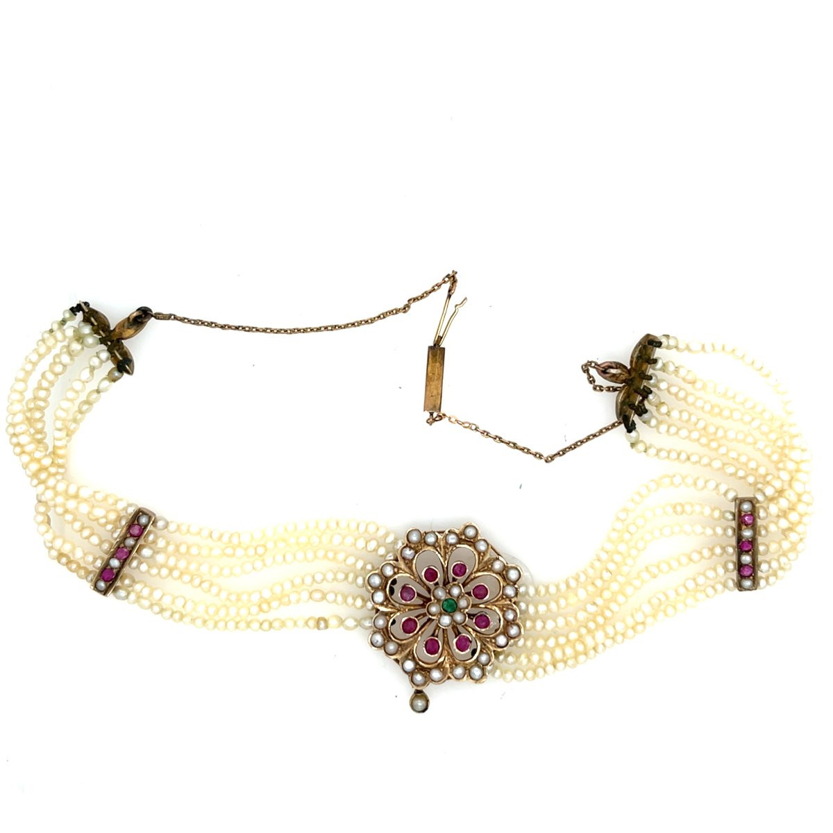 Collier vintage de perles de semences 6 rangs de 2,2 mm avec pendentif en émeraude et rubis 9c -photo-2