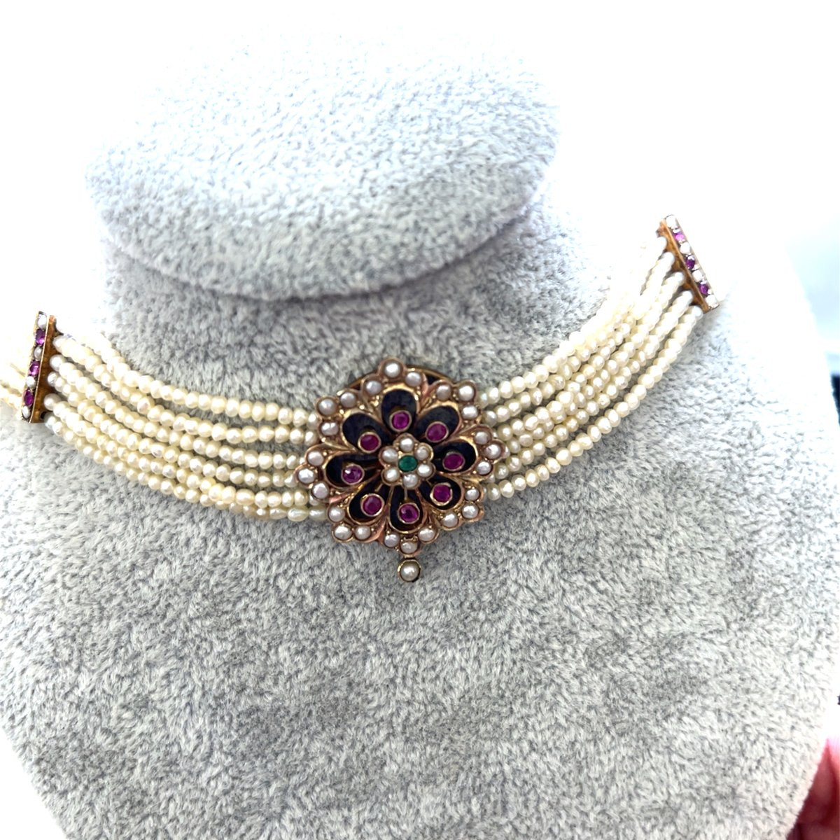 Collier vintage de perles de semences 6 rangs de 2,2 mm avec pendentif en émeraude et rubis 9c -photo-5