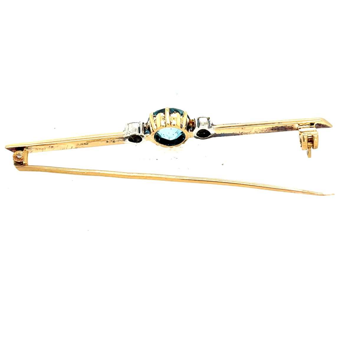 18k Yellow And White Gold Bar Brooch With Blue Topaz And Round Diamonds-photo-2
