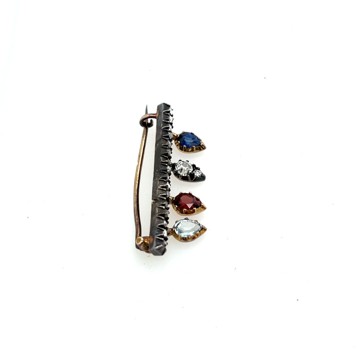 Antique 14k Gold And Silver Brooch Set With Sapphire, Garnet, Aquamarine And -photo-2