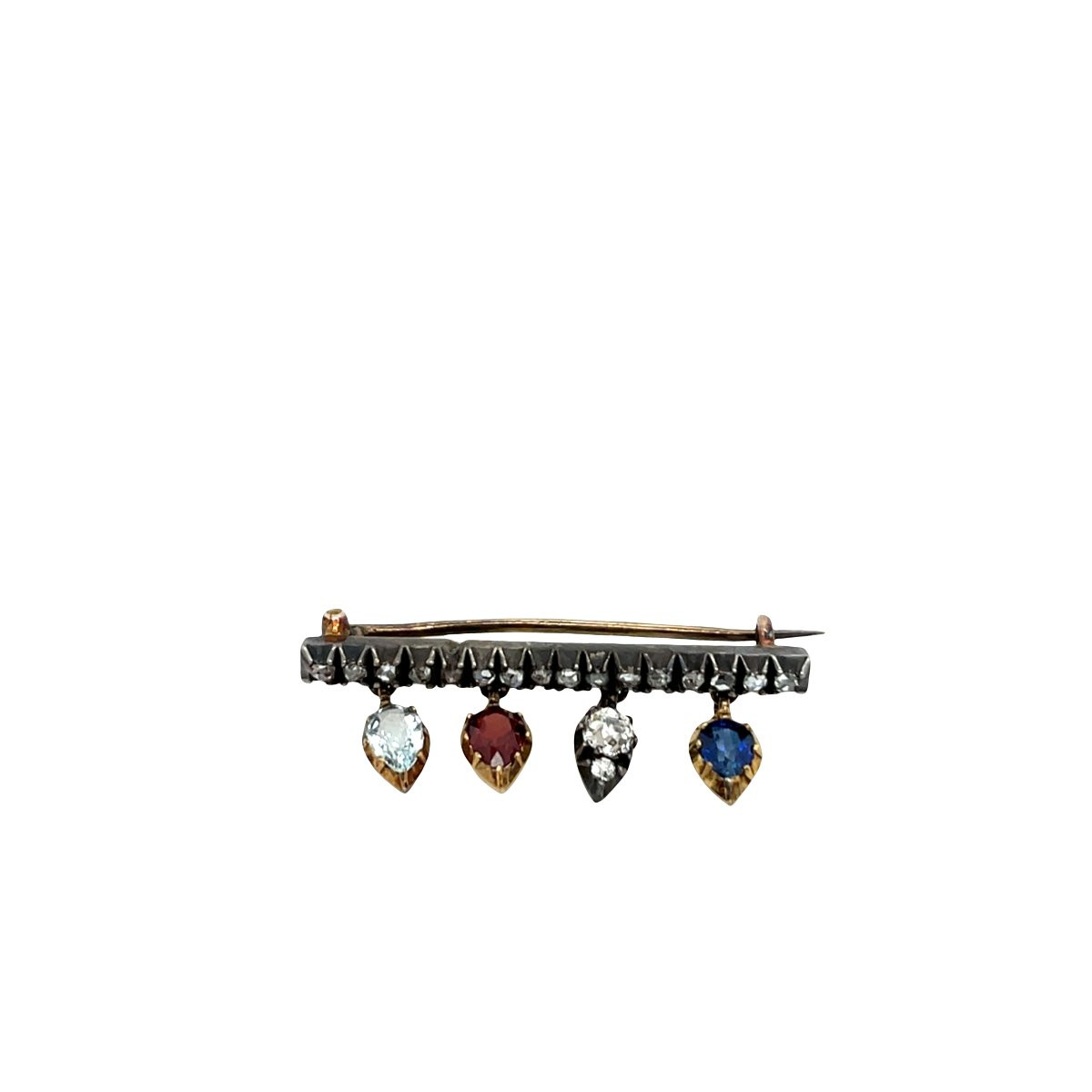 Antique 14k Gold And Silver Brooch Set With Sapphire, Garnet, Aquamarine And -photo-1