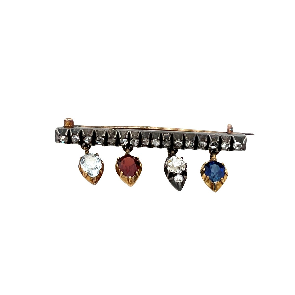 Antique 14k Gold And Silver Brooch Set With Sapphire, Garnet, Aquamarine And 