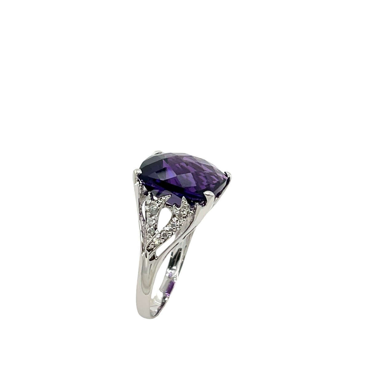 Bague en or blanc 14 carats avec améthyste facettée et diamants-photo-5