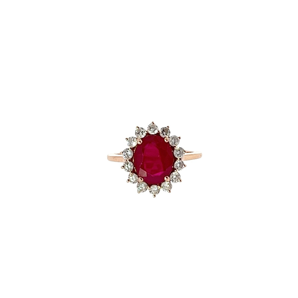 2.80ct Oval Synthetic Ruby & Lab-created Diamond Halo Ring – 14ct Rose Gold