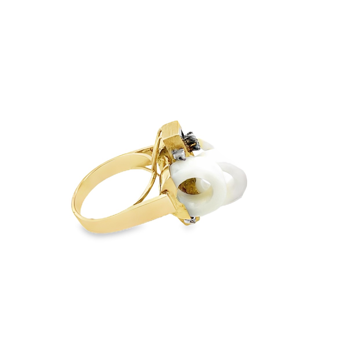 Bague en or jaune 14 carats, céramique blanche et diamant-photo-2
