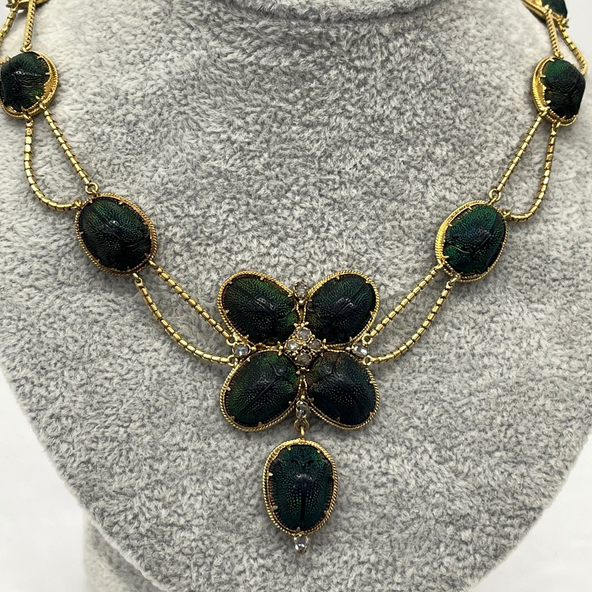 Collier Antique en Or Jaune 18 carats avec Scarabée et Diamants Taille Rose – 15"-photo-5