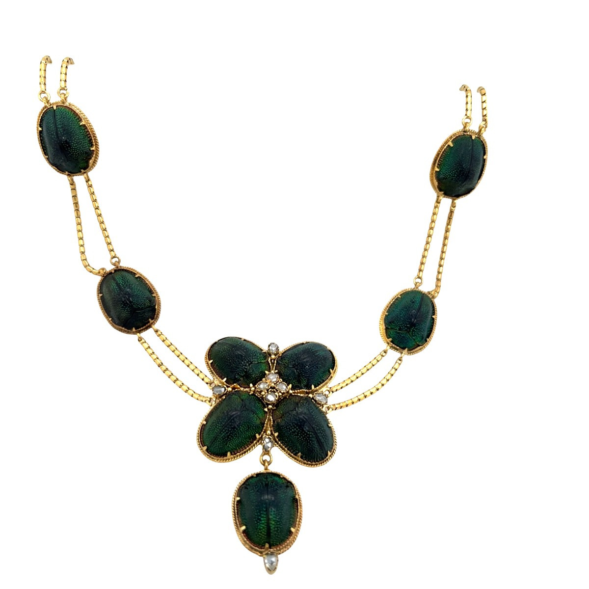 Collier Antique en Or Jaune 18 carats avec Scarabée et Diamants Taille Rose – 15"