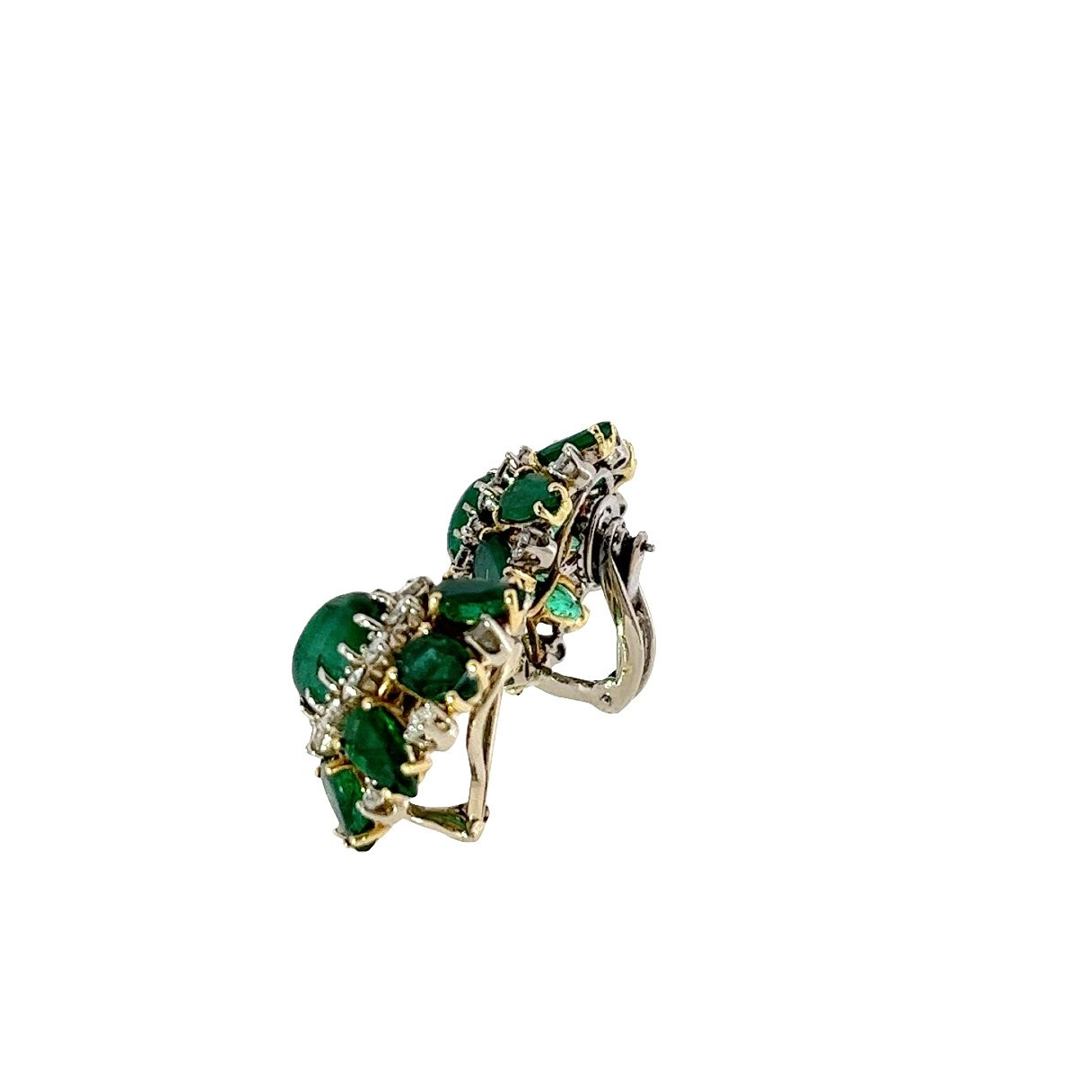 Vintage Stud Earrings In 18-carat Yellow And White Gold With Emerald And Diamond Cluster-photo-1