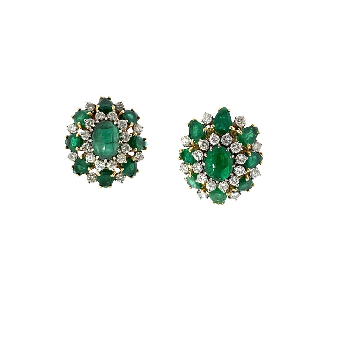 Vintage Stud Earrings In 18-carat Yellow And White Gold With Emerald And Diamond Cluster-photo-2
