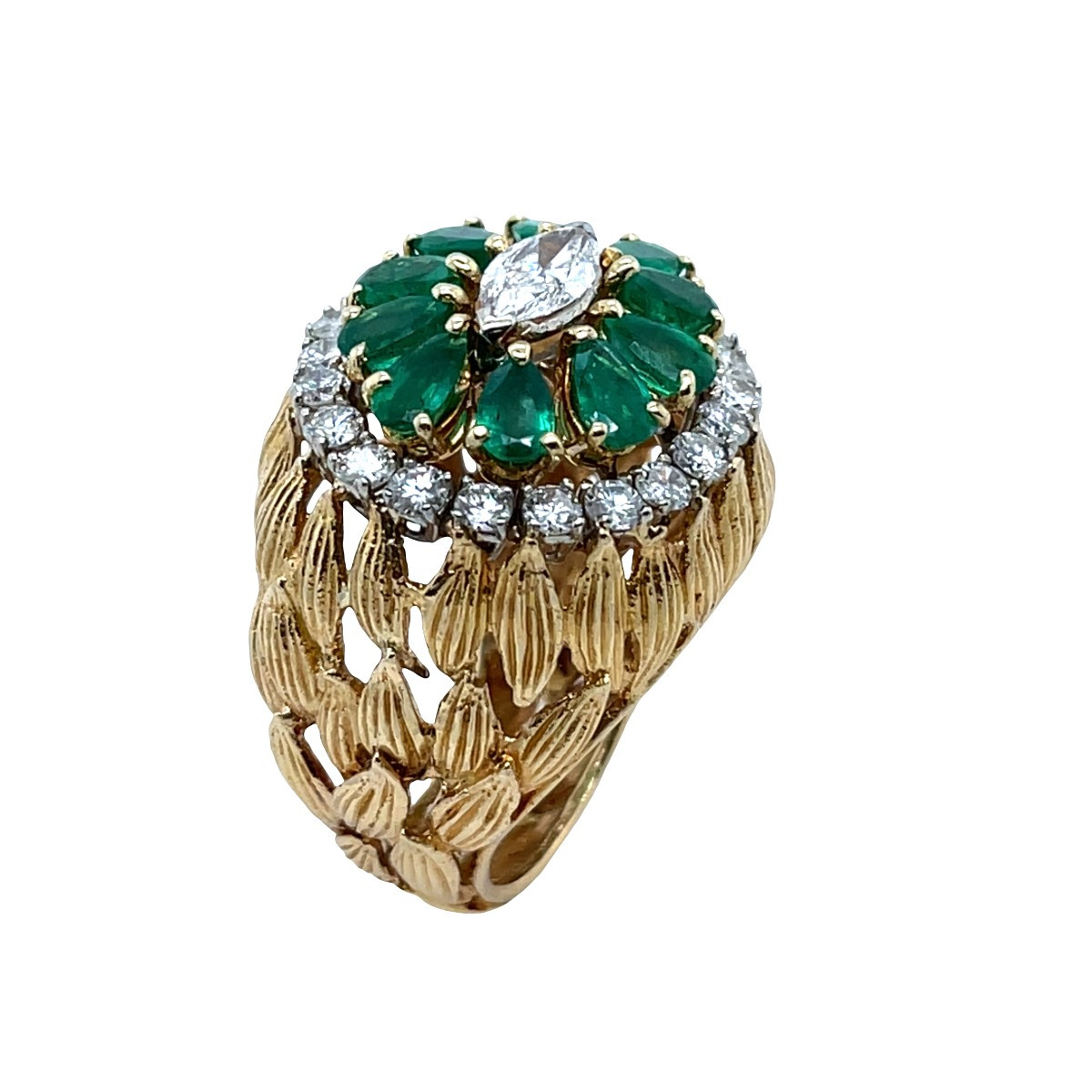 Bague de robe vintage en or avec émeraude et diamant – 10 émeraudes poire & 2,20 ct de diamants-photo-2