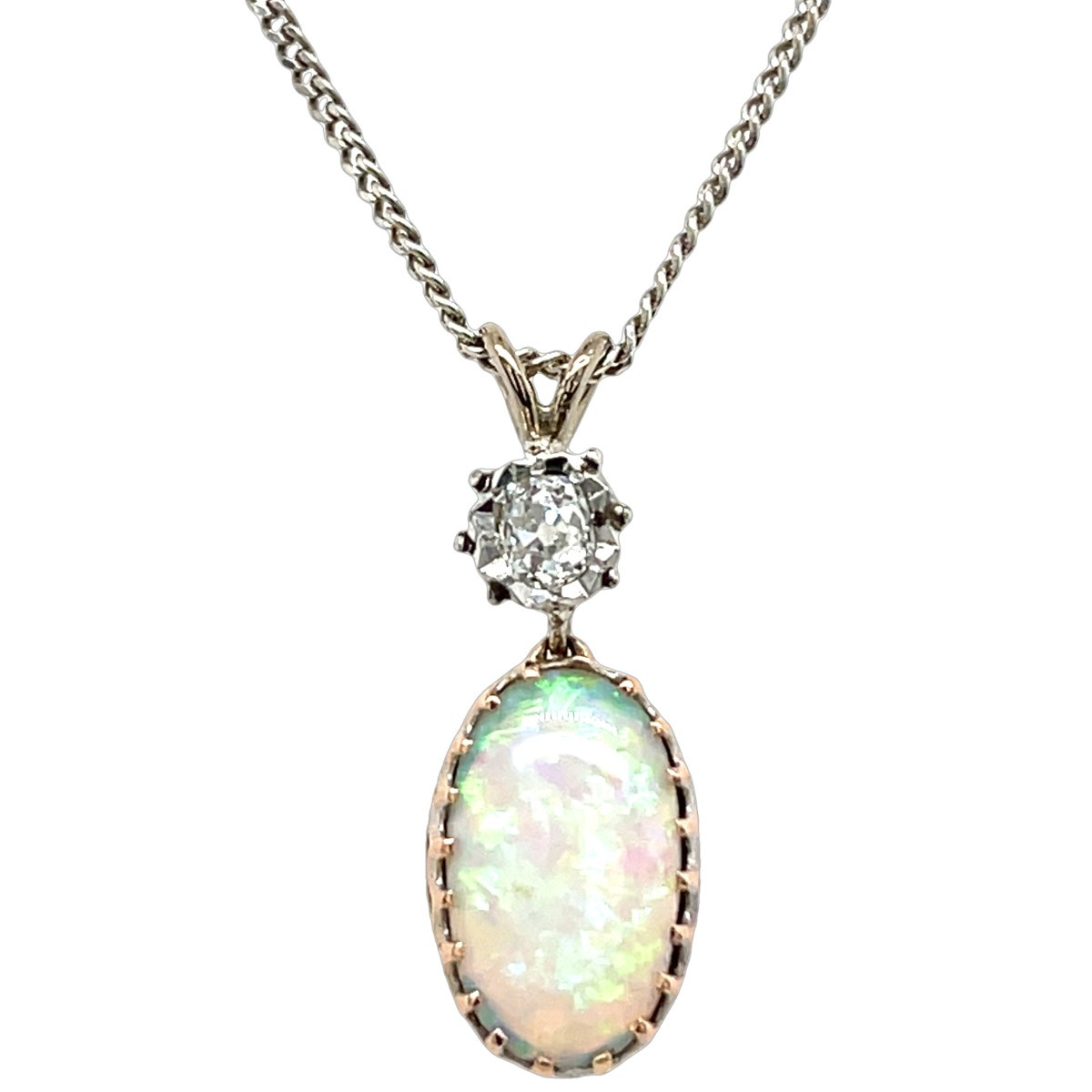 Pendentif en opale et diamant serti en or blanc et rose 18 carats sur chaîne en or blanc de 16 -photo-2