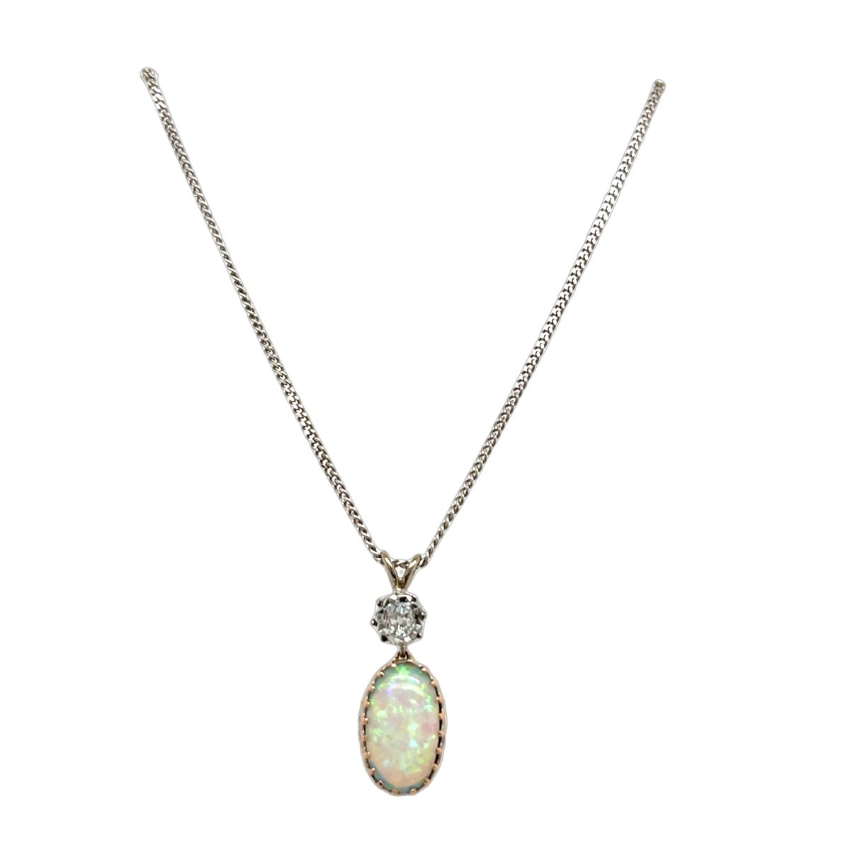 Pendentif en opale et diamant serti en or blanc et rose 18 carats sur chaîne en or blanc de 16 -photo-1