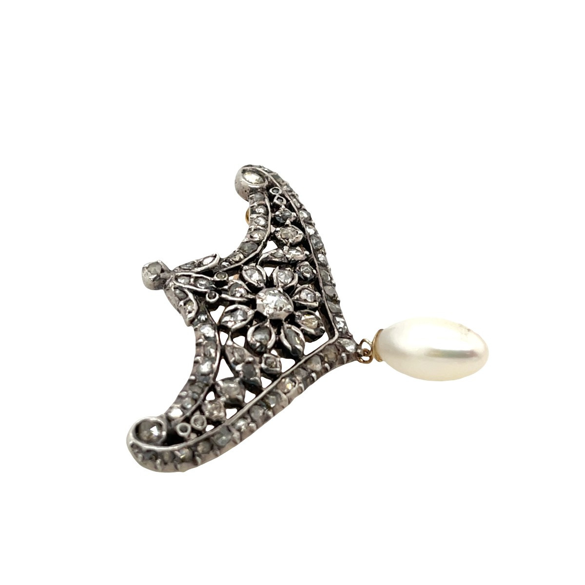 Broche ancienne en or 13 carats et argent avec diamant et perle pendante-photo-2