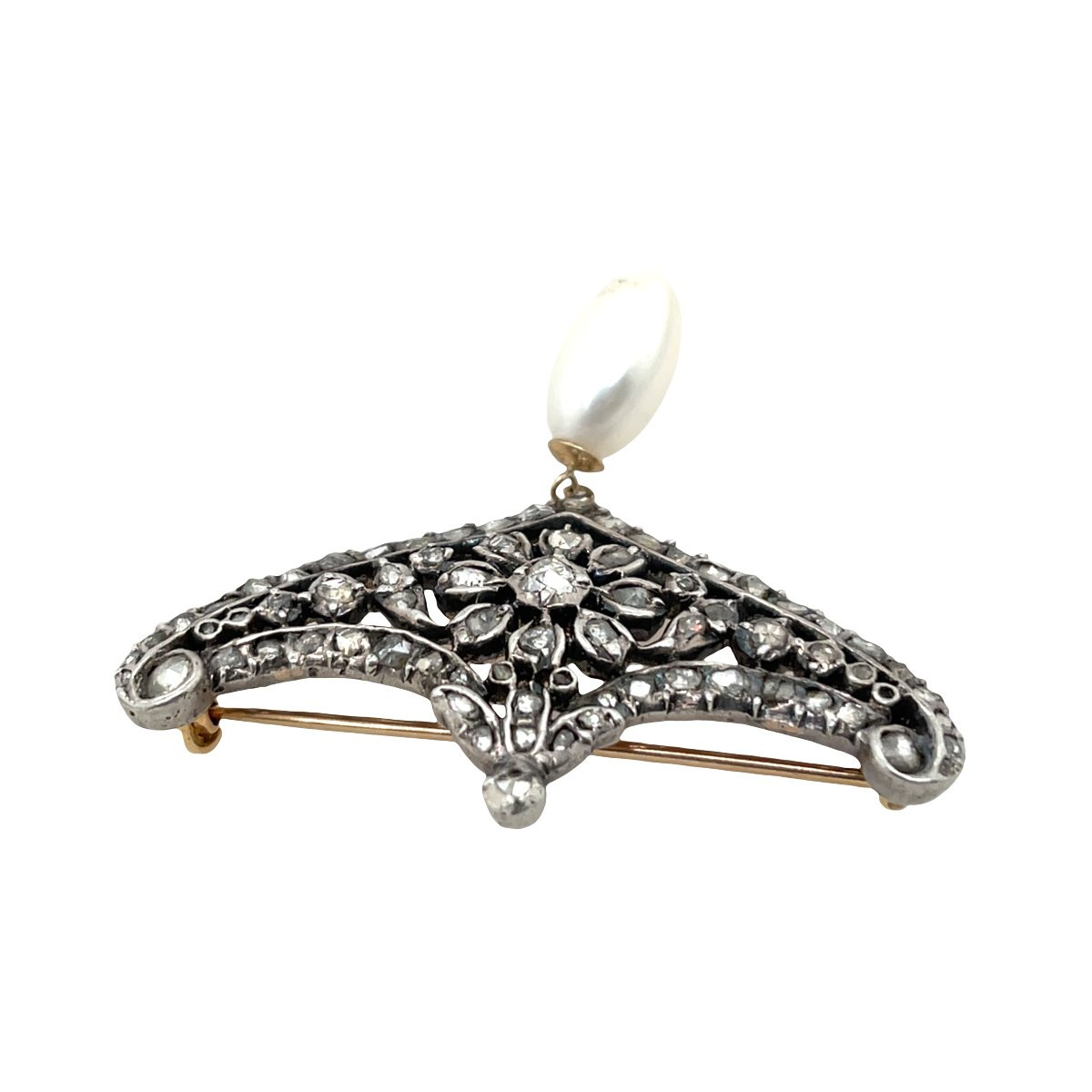 Broche ancienne en or 13 carats et argent avec diamant et perle pendante-photo-1