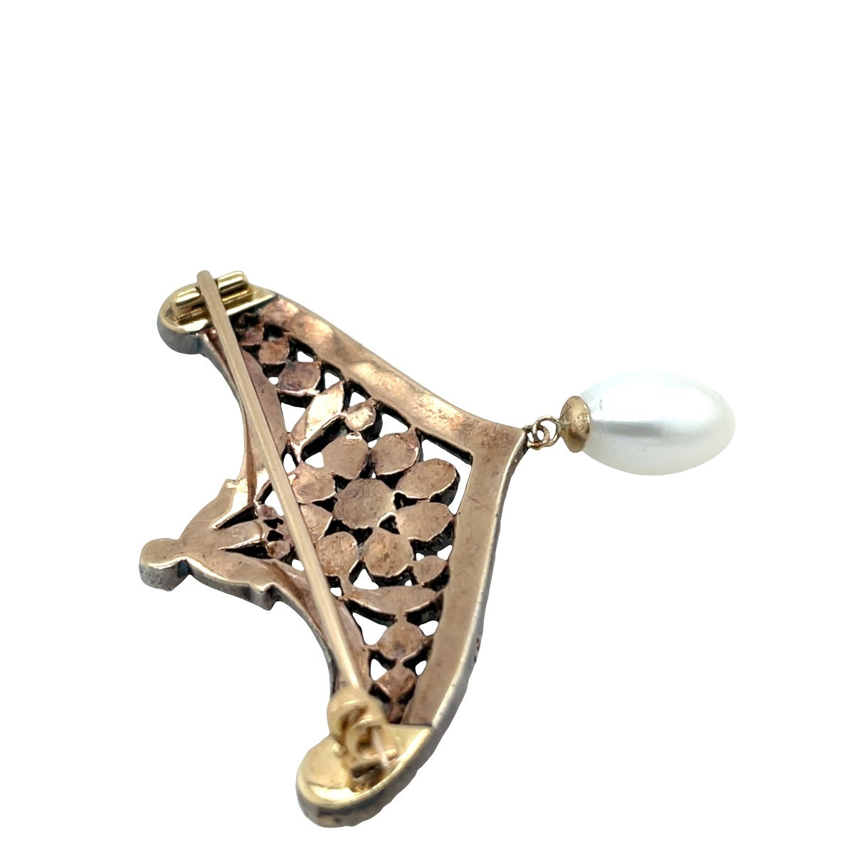 Broche ancienne en or 13 carats et argent avec diamant et perle pendante-photo-3