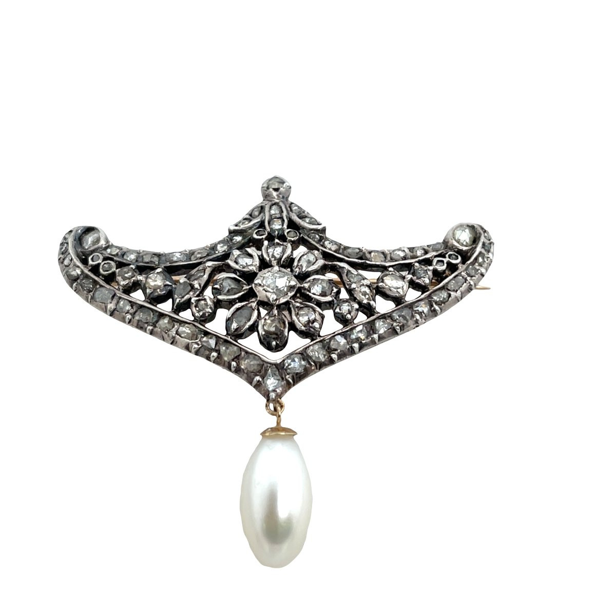 Broche ancienne en or 13 carats et argent avec diamant et perle pendante-photo-4