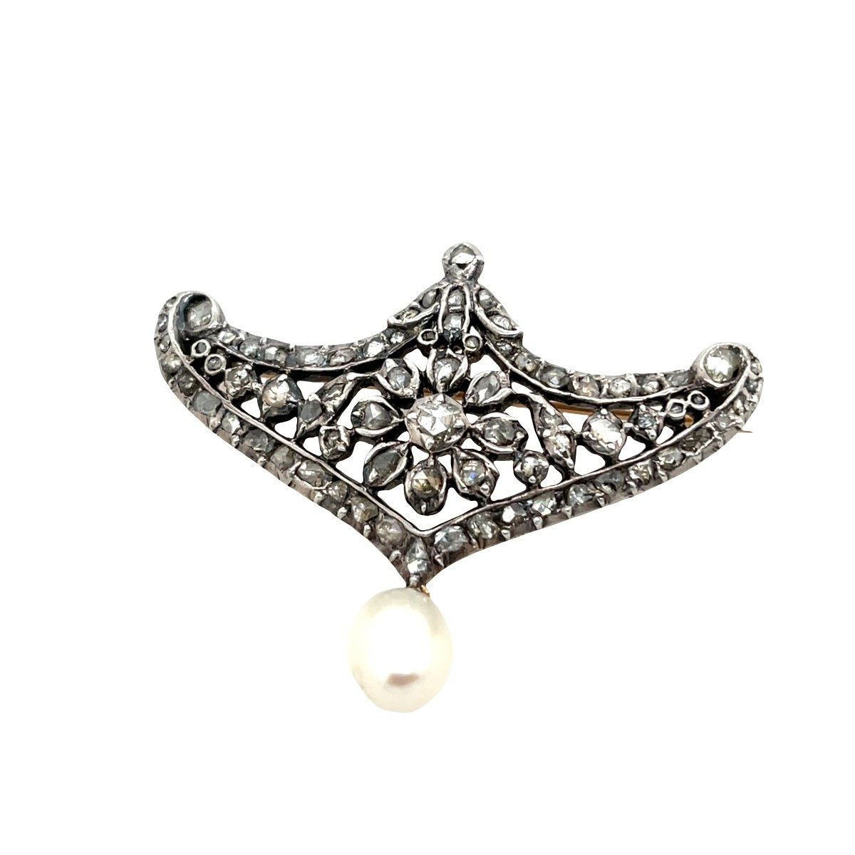 Broche ancienne en or 13 carats et argent avec diamant et perle pendante
