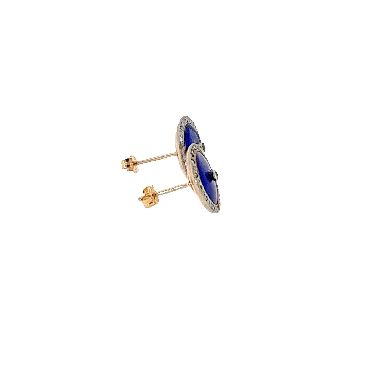 Boucles d'oreilles anciennes en or 14 carats avec émail bleu – Diamants taillés à la victorienn-photo-2