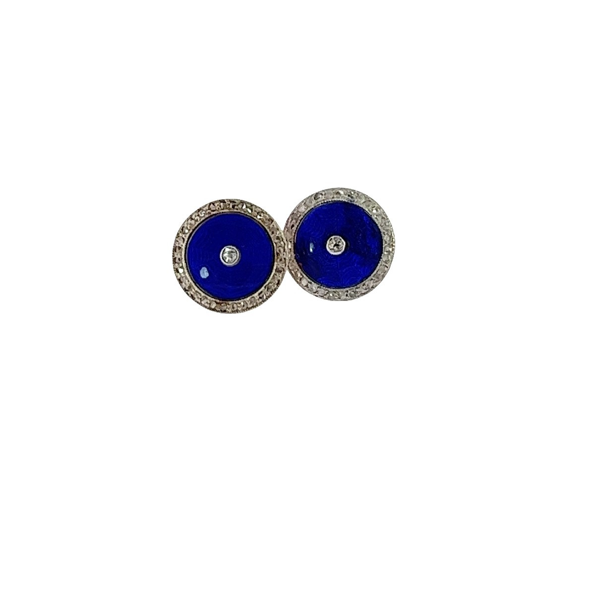 Boucles d'oreilles anciennes en or 14 carats avec émail bleu – Diamants taillés à la victorienn