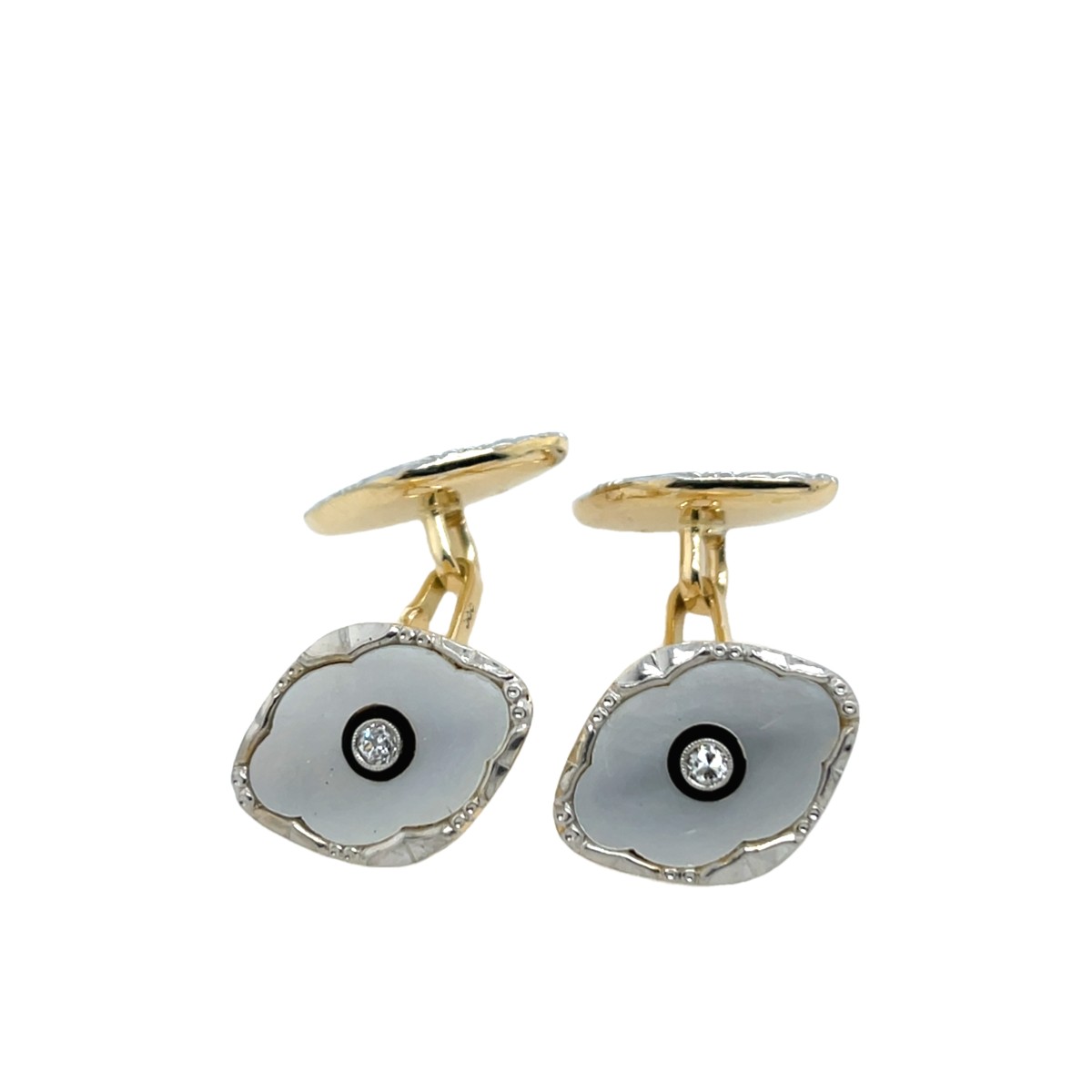 Boutons de manchette en diamant et nacre en or jaune 14 carats