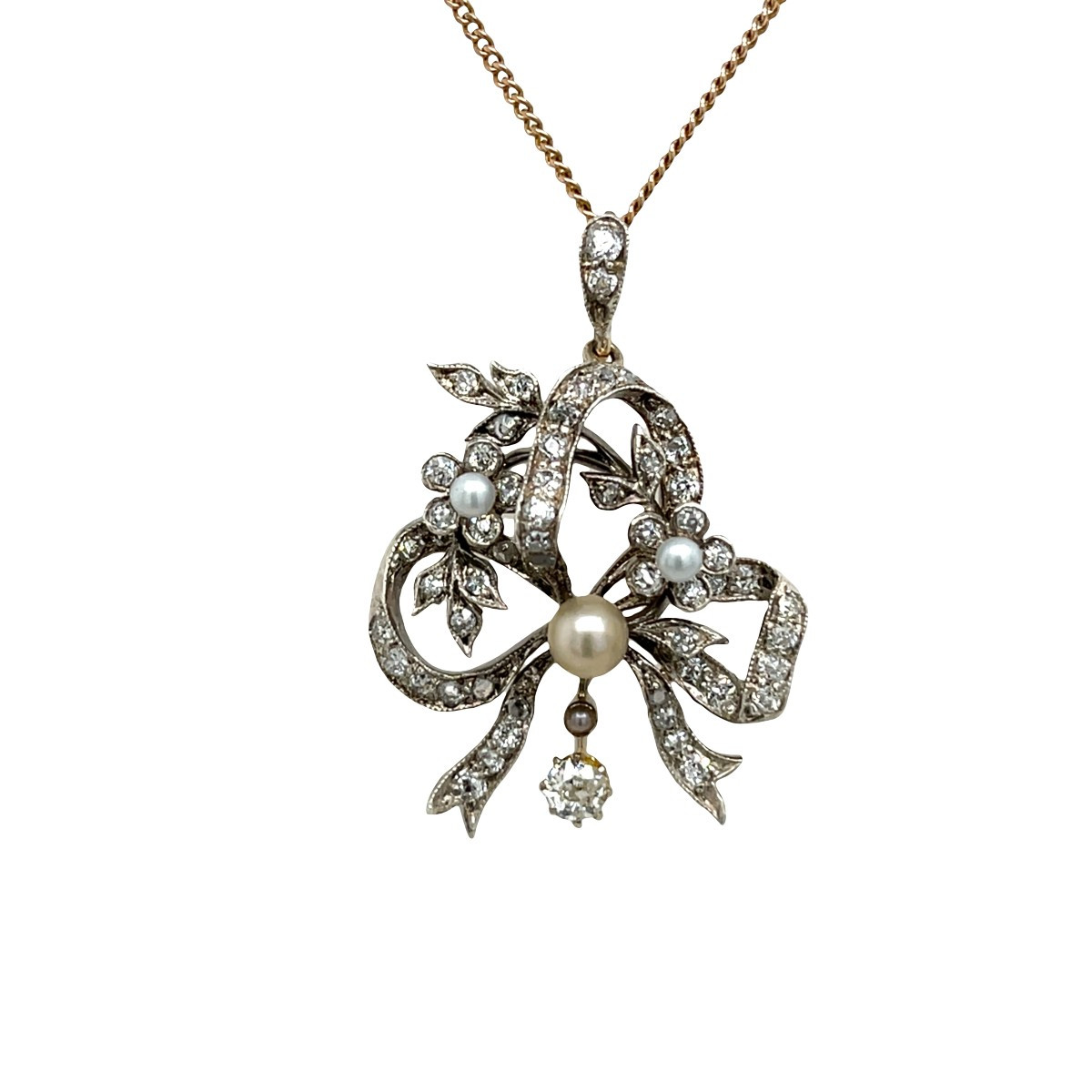 Pendentif en perles et diamants vintage – chaîne en or jaune 9 carats-photo-2