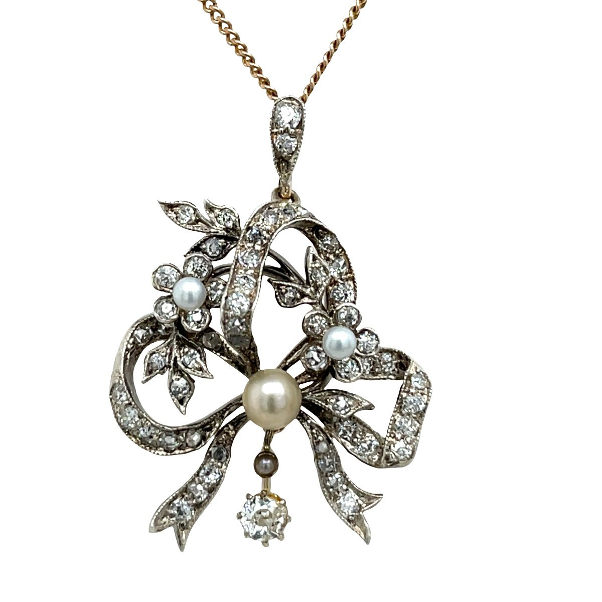 Pendentif en perles et diamants vintage – chaîne en or jaune 9 carats-photo-1