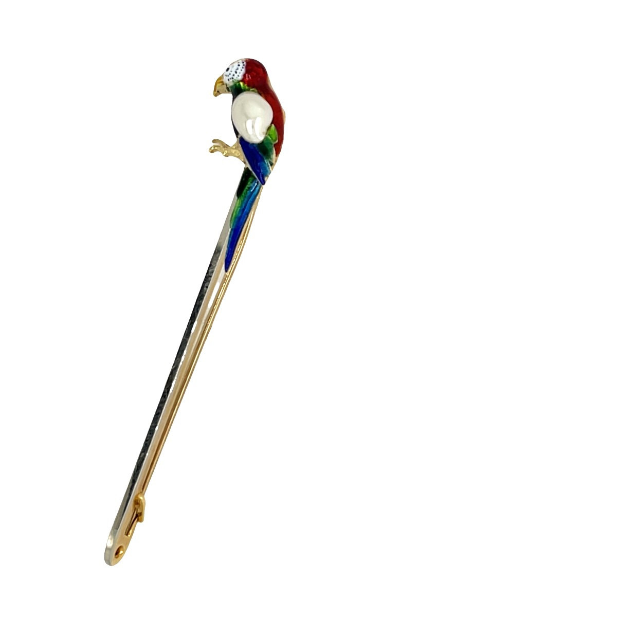 Broche vintage de perroquet mobile avec émaillage et sertie d'une perle de culture ovale