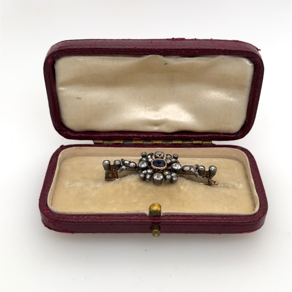 Antique Sapphire And Diamond Brooch, Set In 14-carat White Gold And Silver