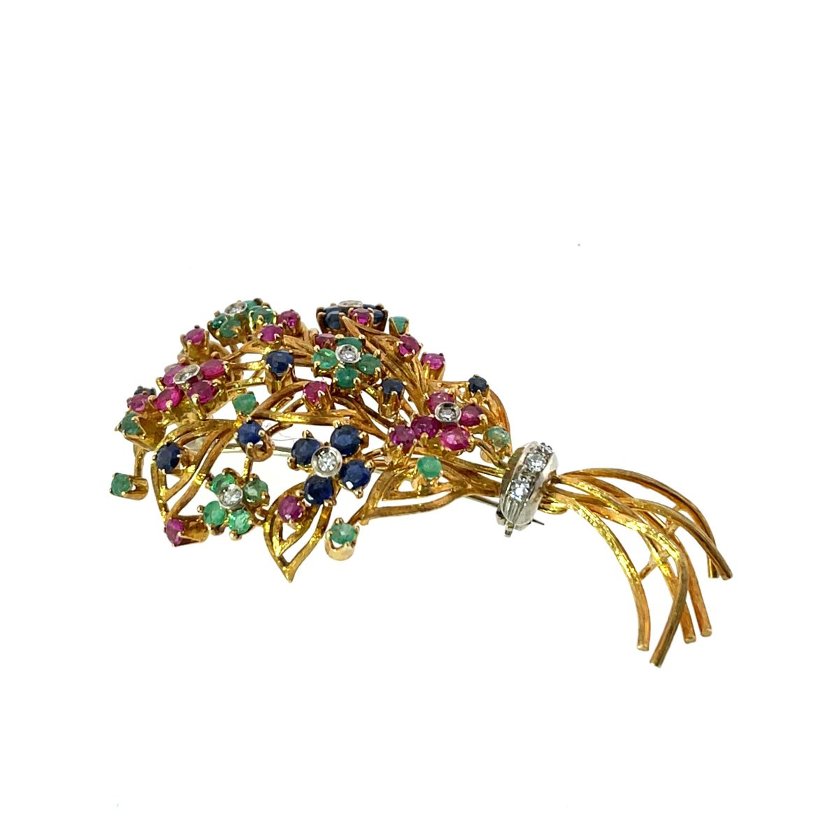 Broche bouquet de fleurs en pierres précieuses multicolores en or jaune 18 carats vintage-photo-3