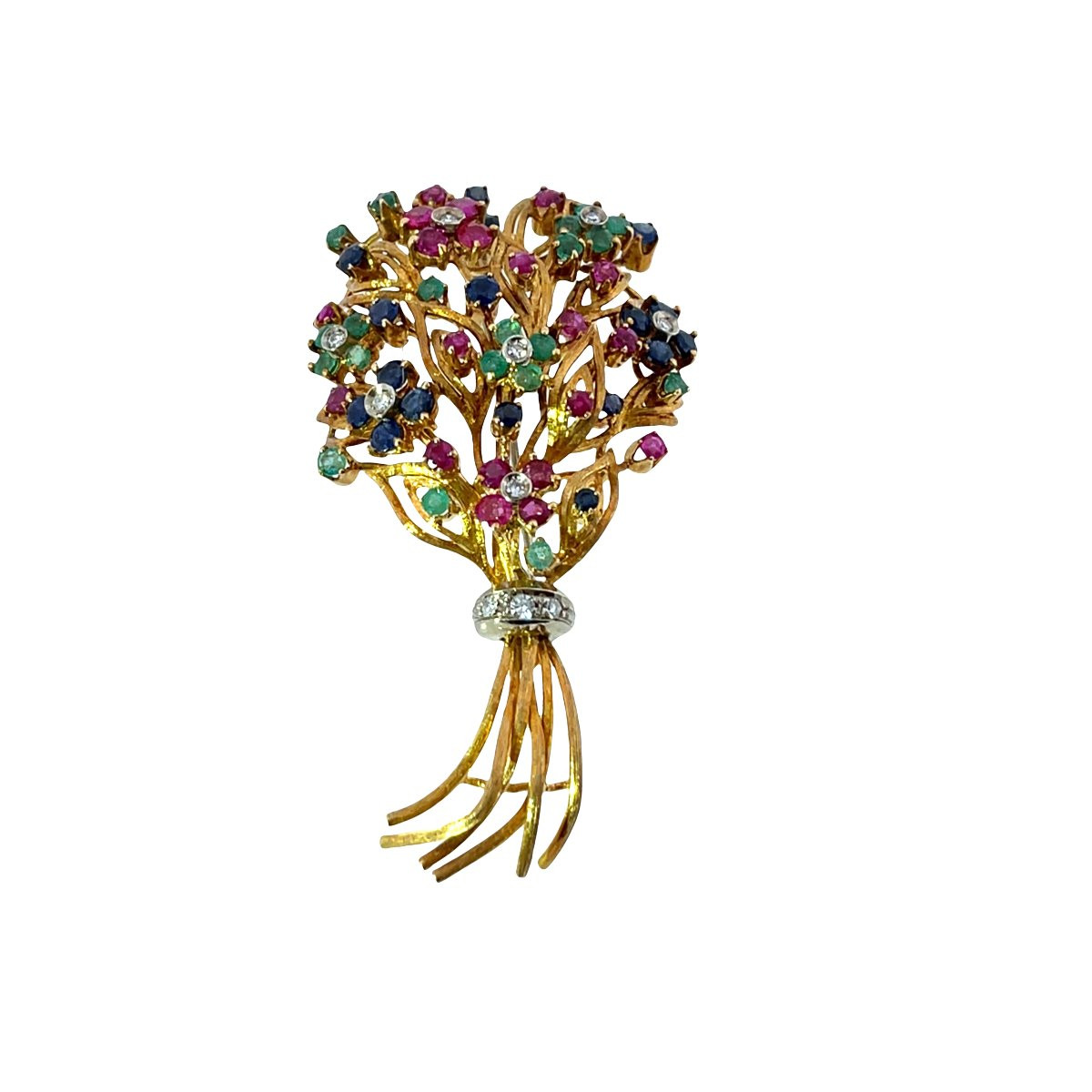 Broche bouquet de fleurs en pierres précieuses multicolores en or jaune 18 carats vintage-photo-4