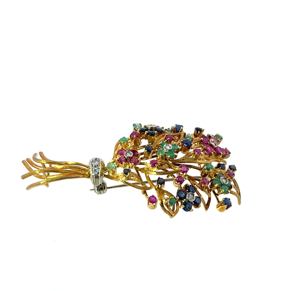 Broche bouquet de fleurs en pierres précieuses multicolores en or jaune 18 carats vintage-photo-5