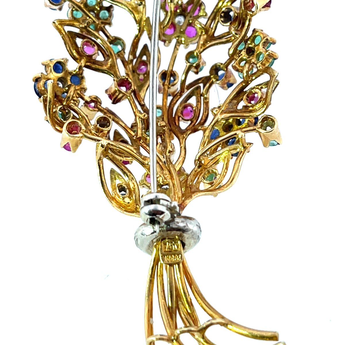 Broche bouquet de fleurs en pierres précieuses multicolores en or jaune 18 carats vintage-photo-7